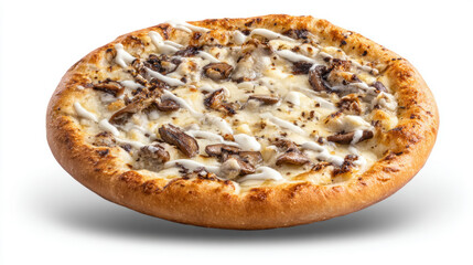 Whole truffle mushroom pizza isolated on white background with generous mushroom topping and creamy melted cheese. Rustic crust and gourmet presentation, high resolution studio photography.