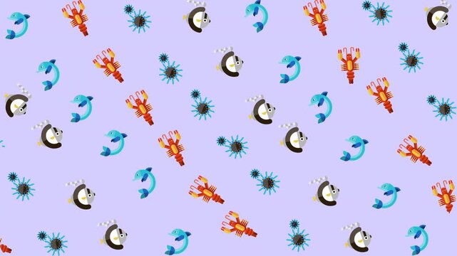 Repeated pattern of sea creatures on a lilac background, perfect for textiles, stationery, or digital backgrounds for marinethemed designs.
