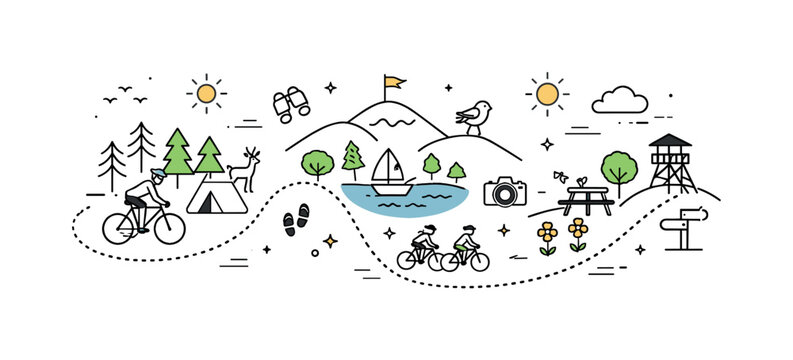   Bike tours and nature trails. Abstract overview of a cycling route through forests, hills, and open spaces. Informative yet calm travel scene