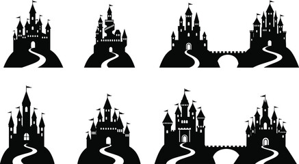 Obraz premium Eight black and white castle silhouettes on hills with winding paths