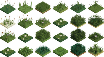 Isometric grass and wetland plant tiles with cattails bushes and water lily ponds low poly nature assets set © Shaharia