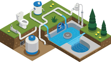 Isometric residential wastewater treatment system diagram, underground septic tank, filtration unit, drainage pipes, sustainable home sewage management illustration