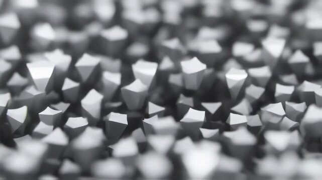 Abstract grayscale image of many small, low-poly, pyramid-like shapes densely packed together, creating a sense of depth and texture