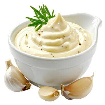 Creamy garlic aioli in a bowl with fresh rosemary and cloves isolated on white background