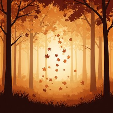 Autumnal forest scene with falling maple leaves in a serene, warm-toned landscape