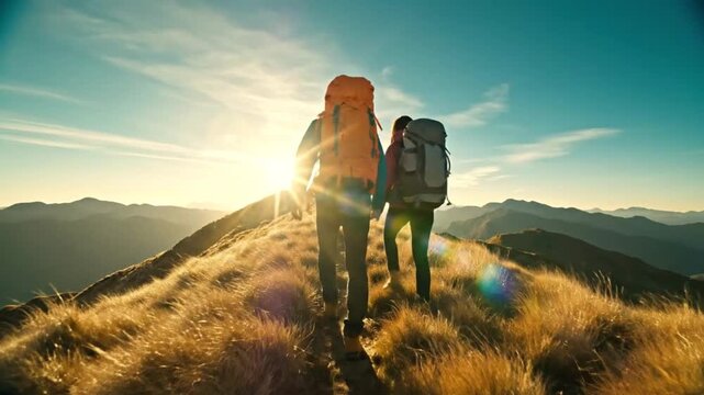 Two hikers walking along a mountain ridge with golden hour lens flare during sunset in nature