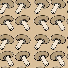 Naklejka premium A seamless pattern with decorative cartoon mushrooms. The repeating design features soft colors and simple shapes. Perfect for textiles, packaging, children's design, backgrounds, and scrapbooking.