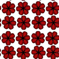 Fototapeta premium A seamless pattern with decorative flowers in a cartoon style. A repeating design with simple shapes and soft colors. Perfect for fabric, packaging, scrapbooking, wallpaper, backdrops, and children's 