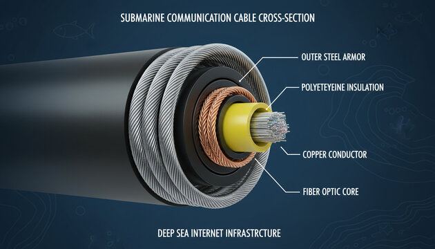 Submarine communication cable cross section with steel armor and fiber optics
