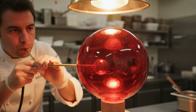 Pastry chef blowing hot transparent isomalt sugar sphere edible art