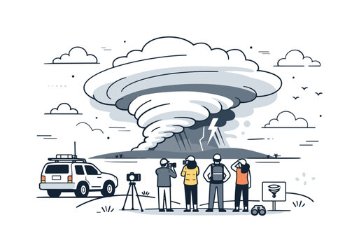 Extreme weather and storm chasing tourism. Small group of travelers watching a distant storm cloud formation from a safe viewpoint, cameras