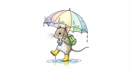 Whimsical Baby Mouse with Umbrella Watercolor Illustration
