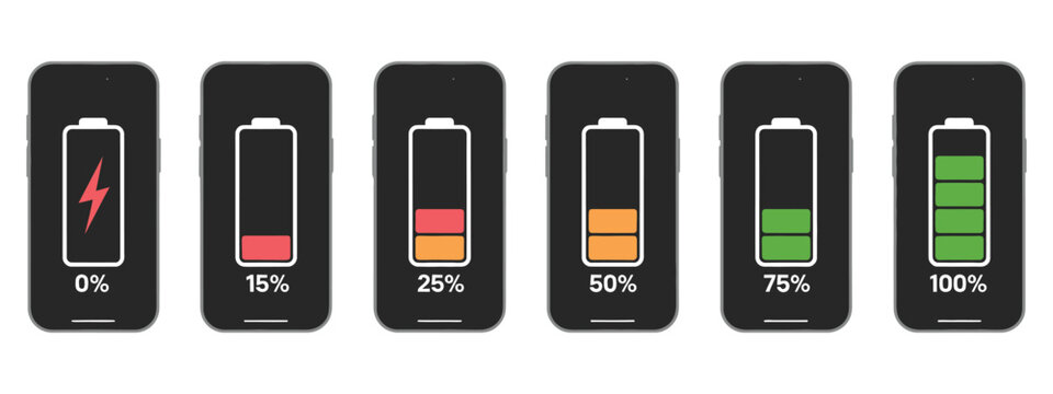 Discharged and fully charged smartphone battery icon set, showcasing battery level indicators from 0% to 100% for apps, dashboards, and electronic displays.