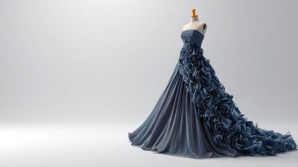 Strapless blue grey gown with ruffled train on mannequin