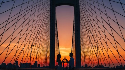 Obraz premium Couple Silhouetted Against Sunset on Bridge, Romantic Evening View, Urban Setting, Love and Connection