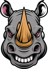 Angry rhino head mascot with a sharp horn and red eyes for sports team branding fitness gym logo wildlife conservation and safari animal design, (24 words) © MstLata