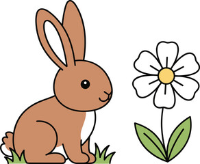 Obraz premium Cute Bunny Rabbit Vector Illustration with Flower and Grass in Simple Cartoon Style for Kids Nursery and Spring Design