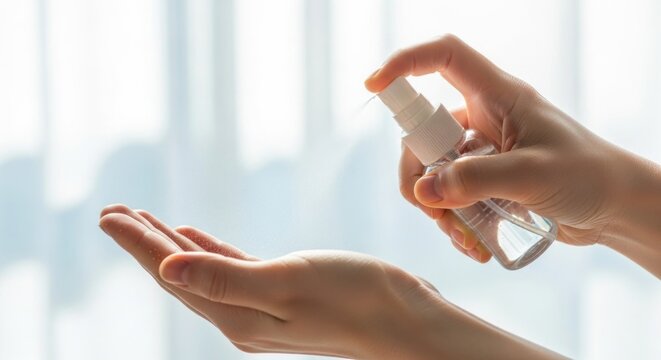 A person's hands using a spray bottle of hand sanitizer against a blurred background.