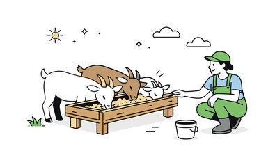 Farm animal care. A relaxed scene of goats eating from a feeding trough while a person looks on, expressing responsibility and gentle