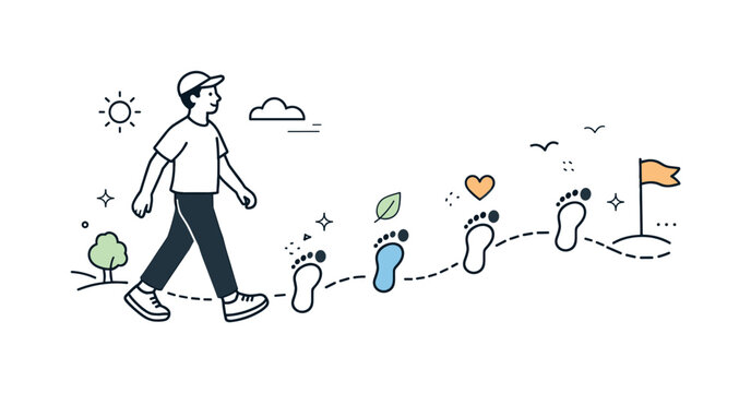 Consistency over intensity. Person going for a relaxed walk outdoors, enjoying movement without pressure. Calm progress feeling with step