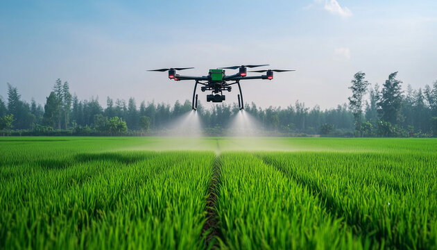 Drone sprays crops in green rice field under clear blue sky. Modern agritech automates pest control and fertilization. Farming uses aerial equipment for efficient plant care and growth