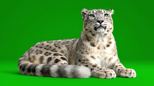 Snow leopard lying on green background studio.