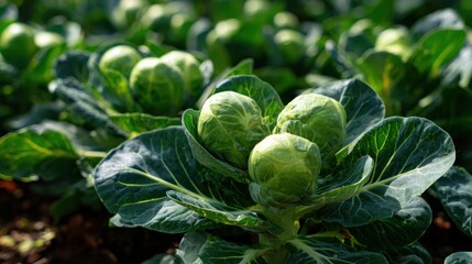 close up of brussels sprouts growing on stalk