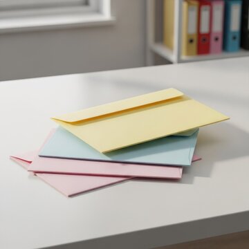 Stack of pink, blue, and yellow envelopes on a white desk in an office