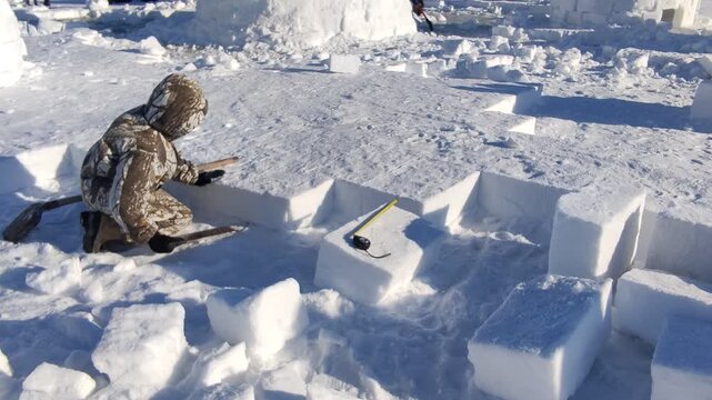 NOVOSIBIRSK, SIBERIA - 14 FEBRUARY 2026: Competition for the construction of an igloo from snow bricks - a national shelter from the cold of northern peoples.