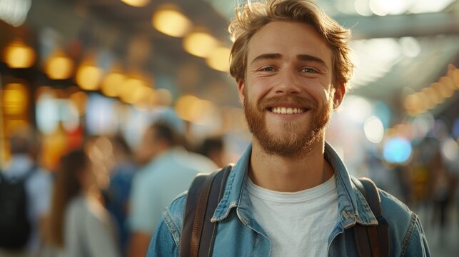 Happy young man with backpack, smiling directly at camera in a busy public space