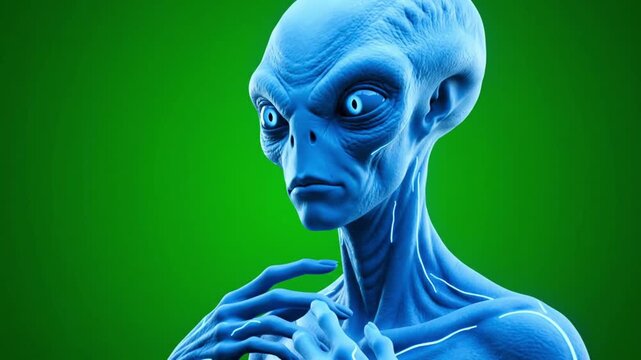 Blue Alien Portrait with Thoughtful Expression green screen.