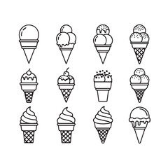 Set of 12 Ice Cream Cone Icons with Various Toppings and Flavors