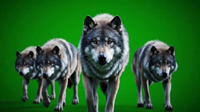 Three Wolves Walking Towards Camera green screen.