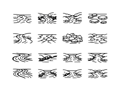   Frozen rivers and streams. Line outline icon set of Frozen rivers and streams: frozen river,