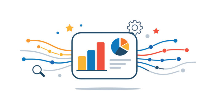   Big data visualization modern analytics scene built around a clean dashboard icon with bars and dots flowing outward, conveying data flow,