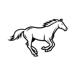 Black and white horse illustration running freely with flowing mane and tail on plain background