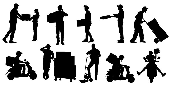 Delivery Workers Silhouettes Vector Set. Collection of delivery worker silhouettes in different poses including carrying boxes, pushing cart, scooter courier, moving service and parcel handling. 