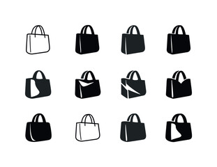 Cloth Bag. Icon set. Set Logo of Cloth Bag: canvas tote bag side view. harmonious logo variations of the same emblematic concept, each with