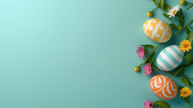Composizione pasquale con uova decorate e fiori primaverili su sfondo azzurro. Generative AI 