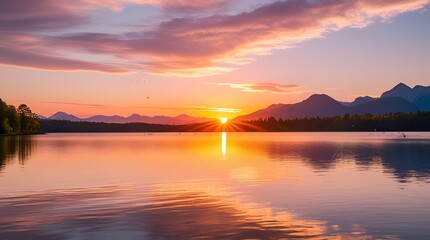 Obraz premium A wide panoramic view of a serene lake at sunrise, golden sunlight spreading across calm water, soft mist rising, pastel sky reflections, ultra-realistic, cinematic atmosphere