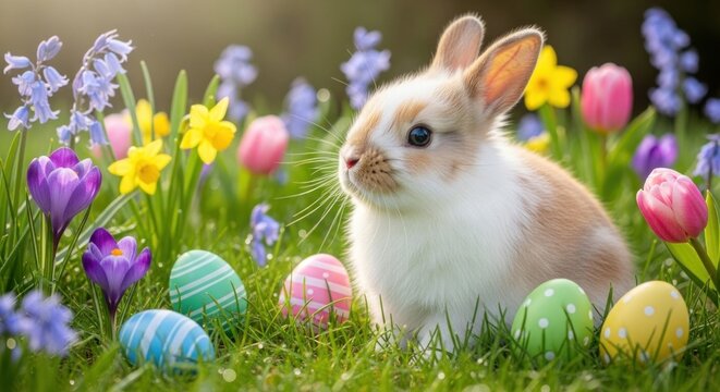 A cute Easter bunny surrounded by colorful flowers and Easter eggs in a grassy field.