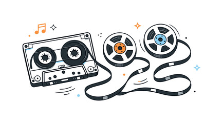 Vintage Cassette Art. Cassette and tape spools. Flat lay with opened cassette and exposed magnetic tape spiraling softly, suggesting music flow and vintage