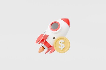 3d rocket with gold coin icon. startup funding concept. minimal cartoon business growth money for fintech marketing. isolated on white transparent background. 3d render.