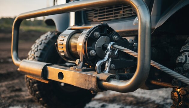 Winch on off-road vehicle prepared for outdoor adventure in rugged terrain during daytime hours