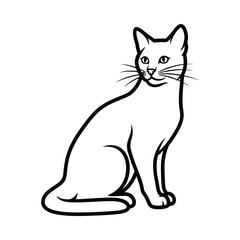 Detailed line art illustration of a sitting cat with whiskers on white background for coloring book or graphic design use