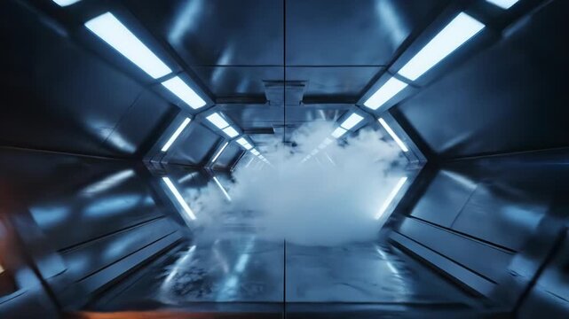 A futuristic sci-fi corridor with glowing lights and mysterious atmospheric fog.