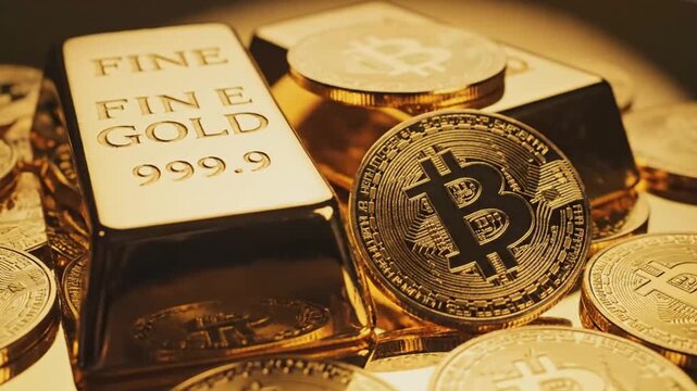Gold Bar and Bitcoin Coins, Financial Investment Concept.