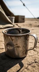 Dirty Metal Canteen Cup of a Soldier in Desert Setting