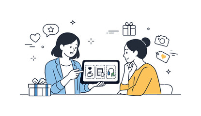 Personalized Gift Assistance. Personalized gift shopping service. A consultant helping a customer choose a gift using a tablet with preference cards and icons.