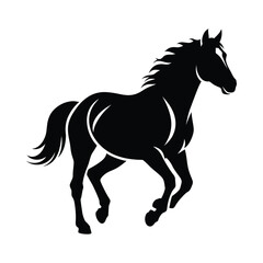 Obraz premium Black silhouette of a galloping horse with flowing mane and tail against a white background dynamic movement and freedom
